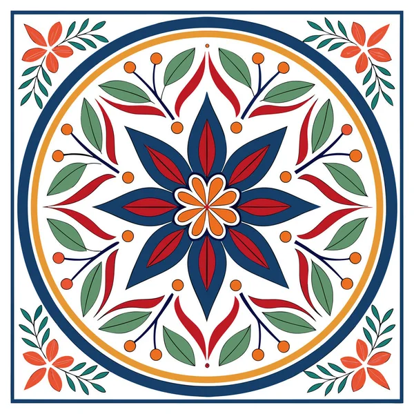 Yeşil yapraklar, mavi aksanlar ve küçük turuncu noktalarla çevrili merkezi kırmızı-turuncu bir çiçek içeren renkli dairesel mandala tasarımı. Kırmızı ve mavi kenarlı çerçevelenmiş ve dört küçük kırmızı çiçek tarafından başlıca noktalarda, bu simetrik 