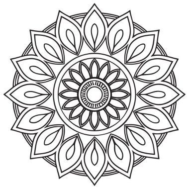Katmanlı taç yaprağı motifleri, güneşimsi merkezi ve simetrik geometrik detayları içeren zarif siyah ve beyaz mandala. Boyama sayfaları, meditasyon sanatı ve dekoratif tasarım projeleri için ideal.