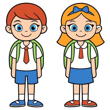Bu neşeli çizgi film illüstrasyonunda hem parlak mavi gözlü hem de renkli elbiseli gülümseyen bir okul çocuğu ve kız çocuğu yer alıyor. Okul üniformaları içinde sırt çantaları ile, pozitif enerji yayıyorlar ve eğitici materyaller için mükemmel gençlik enerjisi., 