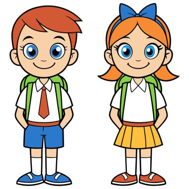 Bu neşeli çizgi film illüstrasyonunda hem parlak mavi gözlü hem de renkli elbiseli gülümseyen bir okul çocuğu ve kız çocuğu yer alıyor. Okul üniformaları içinde sırt çantaları ile, pozitif enerji yayıyorlar ve eğitici materyaller için mükemmel gençlik enerjisi., 