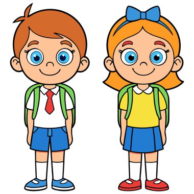 Bu neşeli çizgi film illüstrasyonunda hem parlak mavi gözlü hem de renkli elbiseli gülümseyen bir okul çocuğu ve kız çocuğu yer alıyor. Okul üniformaları içinde sırt çantaları ile, pozitif enerji yayıyorlar ve eğitici materyaller için mükemmel gençlik enerjisi., 