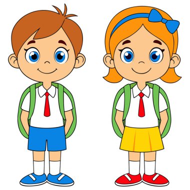 Bu neşeli çizgi film illüstrasyonunda hem parlak mavi gözlü hem de renkli elbiseli gülümseyen bir okul çocuğu ve kız çocuğu yer alıyor. Okul üniformaları içinde sırt çantaları ile, pozitif enerji yayıyorlar ve eğitici materyaller için mükemmel gençlik enerjisi., 