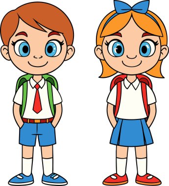 Bu neşeli çizgi film illüstrasyonunda hem parlak mavi gözlü hem de renkli elbiseli gülümseyen bir okul çocuğu ve kız çocuğu yer alıyor. Okul üniformaları içinde sırt çantaları ile, pozitif enerji yayıyorlar ve eğitici materyaller için mükemmel gençlik enerjisi., 
