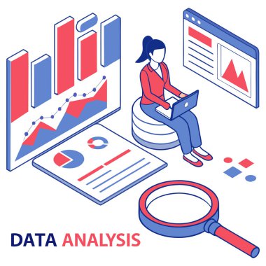 Bu görüntü, Veri Analizi ya da İş Analizi kavramını gösteren üç boyutlu bir izometrik vektör illüstrasyonudur. Dizüstü bilgisayar üzerinde çalışırken stilize edilmiş bir bar çizelgesi üzerinde oturan bir kadın iş kıyafeti uzmanını içerir. Etrafını sardı. 
