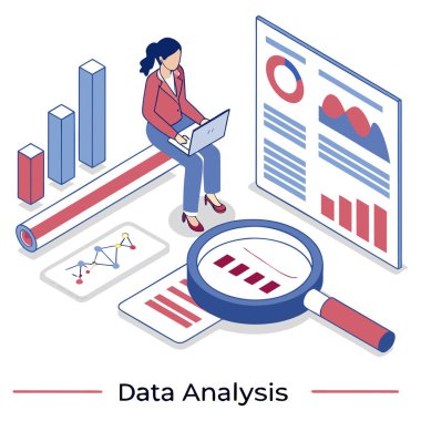 Bu görüntü, Veri Analizi ya da İş Analizi kavramını gösteren üç boyutlu bir izometrik vektör illüstrasyonudur. Dizüstü bilgisayar üzerinde çalışırken stilize edilmiş bir bar çizelgesi üzerinde oturan bir kadın iş kıyafeti uzmanını içerir. Etrafını sardı. 