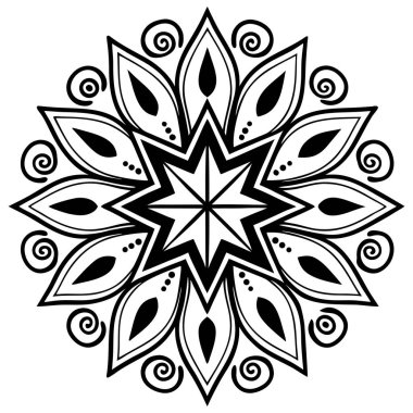 Gözyaşı şekilleri ve zarif spirallerle çevrili merkezi sekiz köşeli bir yıldız içeren karmaşık siyah-beyaz mandala vektörü. Radyal simetri ve kalın çizgilerle tasarlanmış bu dekoratif desen meditasyon sanatı ve boyama sayfaları için mükemmeldir.,