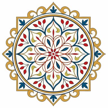 Bu resim zarif, el çizimi bir çiçek mandala ya da dairesel motiftir. Koyu mavi, kırmızı ve altın / sarı gibi zengin renklerde yapılmış merkezi sekiz köşeli bir yıldız / çiçek tasarımına sahiptir. Bu merkezi element cesur bir altın yüzük tarafından çerçevelenmiştir. 