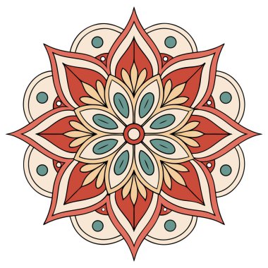 Bu resim parlak renkli, radyal çiçekli bir mandala Bohem ya da Boho estetiği ile karakterize edilir. Merkezi küçük bir çiçekten dışa doğru yayılan taç yaprakları ve dairesel elementlerden oluşan karmaşık, simetrik bir tasarım içerir.