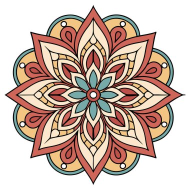 Bu resim parlak renkli, radyal çiçekli bir mandala Bohem ya da Boho estetiği ile karakterize edilir. Merkezi küçük bir çiçekten dışa doğru yayılan taç yaprakları ve dairesel elementlerden oluşan karmaşık, simetrik bir tasarım içerir.