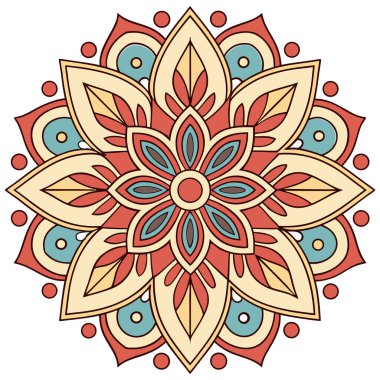 Bu resim parlak renkli, radyal çiçekli bir mandala Bohem ya da Boho estetiği ile karakterize edilir. Merkezi küçük bir çiçekten dışa doğru yayılan taç yaprakları ve dairesel elementlerden oluşan karmaşık, simetrik bir tasarım içerir.