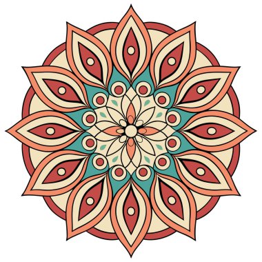 Bu resim parlak renkli, radyal çiçekli bir mandala Bohem ya da Boho estetiği ile karakterize edilir. Merkezi küçük bir çiçekten dışa doğru yayılan taç yaprakları ve dairesel elementlerden oluşan karmaşık, simetrik bir tasarım içerir.