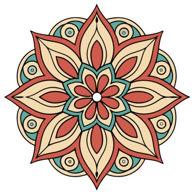 Bu resim parlak renkli, radyal çiçekli bir mandala Bohem ya da Boho estetiği ile karakterize edilir. Merkezi küçük bir çiçekten dışa doğru yayılan taç yaprakları ve dairesel elementlerden oluşan karmaşık, simetrik bir tasarım içerir.