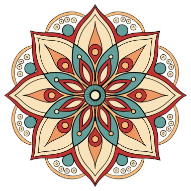 Bu resim parlak renkli, radyal çiçekli bir mandala Bohem ya da Boho estetiği ile karakterize edilir. Merkezi küçük bir çiçekten dışa doğru yayılan taç yaprakları ve dairesel elementlerden oluşan karmaşık, simetrik bir tasarım içerir.