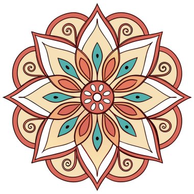 Bu resim parlak renkli, radyal çiçekli bir mandala Bohem ya da Boho estetiği ile karakterize edilir. Merkezi küçük bir çiçekten dışa doğru yayılan taç yaprakları ve dairesel elementlerden oluşan karmaşık, simetrik bir tasarım içerir.