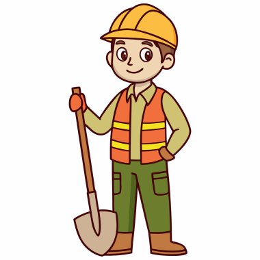 Erkek karakter gülümsüyor ve elinde bir kürek tutuyor. Standart güvenlik teçhizatı, sarı bir başlık, ekose gömlek, yeşil pantolon ve iş çizmeleri üzerinde yansıtıcı çizgileri olan turuncu bir yüksek görüş yeleği. Genel biçim 