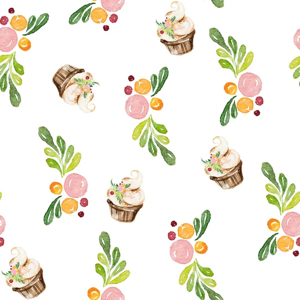 Watercolor Seamles Pattern Green Brunches Berries Cake — Stock Photo, Image