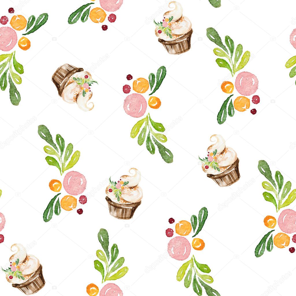 watercolor seamles pattern with green brunches berries and cake