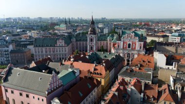 Drone panorama of Poznan old town with historic church