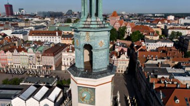 Drone view of Poznan Town Hall tower and old town