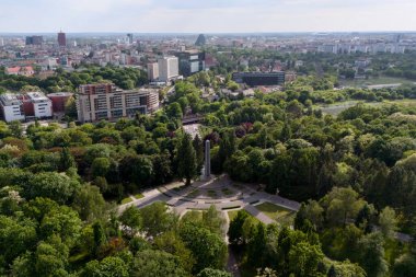 Drone view of Poznan city skyline with green park