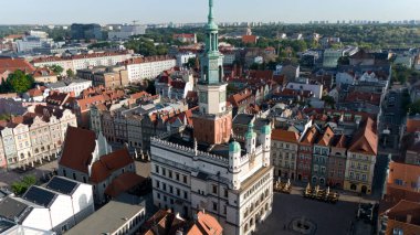 Drone closeup of Poznan Town Hall and Old Market Square