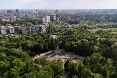 Drone view of Poznan city skyline with green park