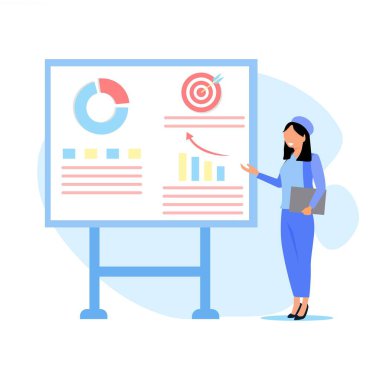 Pano, grafik, sunum, analiz, iş verisi, vektör illüstrasyonuna sahip iş kadını.