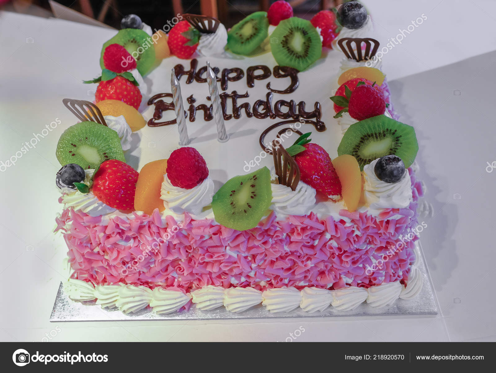 Cream Birthday Cake Fresh Fruit Top Pink Flakes Decorating Sides