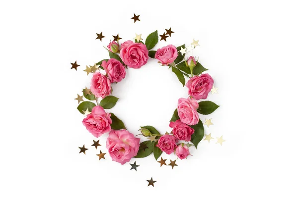 Floral round wreath. Flowers frame made of roses, leaves