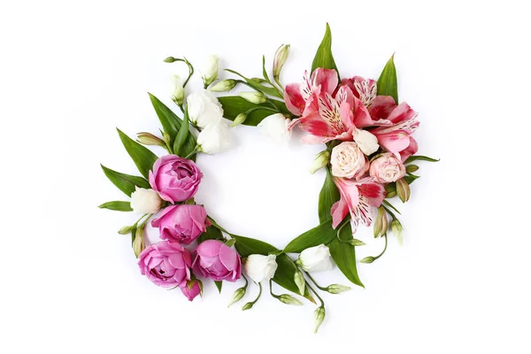 Floral Frame Wreath Made Rose Buds Lily Flowers Green Leaves — Stock Photo, Image