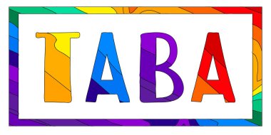 Taba. Çerçevede çok renkli, renkli, renkli ve izole bir çizgi film. Taba - Mısır 'da tatil köyü. Poster, broşür, broşür, hatıra, kıyafet, tişört, çanta. Stok vektör resmi.