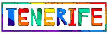 Tenerife. Çok renkli, komik bir karikatür çerçevede izole edilmiş. Renkli harfler. İspanya Tenerife 'de giysi, İspanyol tişörtü, afiş, broşür, kart, hatıra. Stok vektör resmi.
