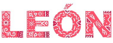 Leon mu? Ulusal etnik süsleme ile izole edilmiş renkli yazı. Giysilerdeki, tişörtlerdeki, çantalardaki, kitapçıklardaki, posterlerdeki, afişlerdeki, el ilanlarındaki, kartlardaki parmak izleri için kırmızı Meksikalı Leon. Stok vektör resmi.
