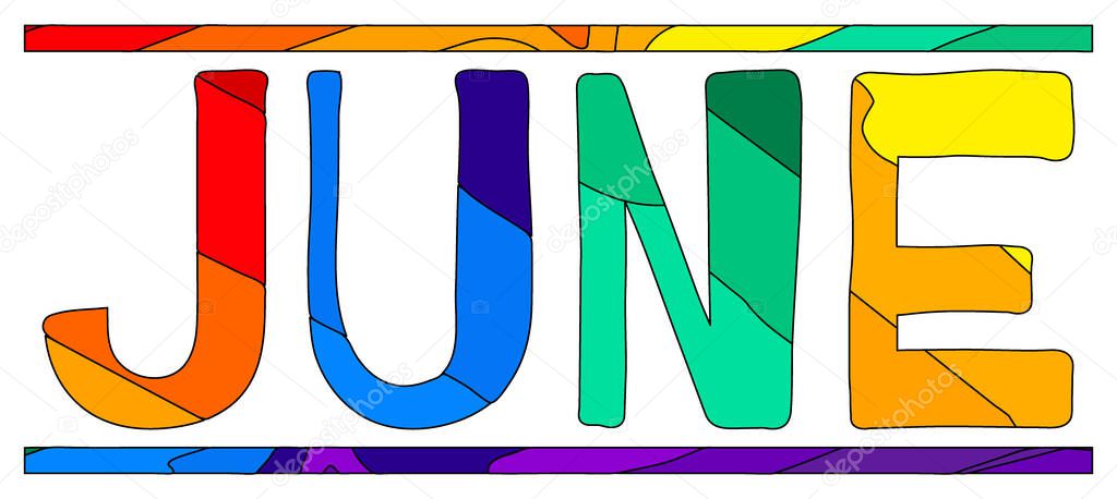 june multicolored bright funny cartoon isolated inscription colorful doodle letters summer month june for print on clothing t shirt booklet banner flyer card bag stock vector picture premium vector in adobe illustrator