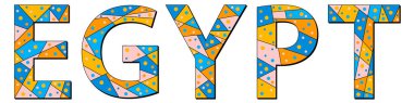 Mısır. Mozaik izole edilmiş yazı. Mavi, sarı, turuncu, pembe üçgen, çokgen ve baloncuk harfleri. Poster, hatıra, kıyafet ve tişört için Mısır. Turizm için stok vektör tablosu.