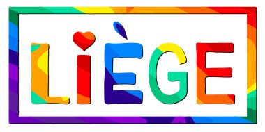 Liege. Çerçevede çok renkli, renkli, renkli ve izole bir çizgi film. Liege - Belçika 'da şehir. Poster, broşür, broşür, hatıra, kıyafet, tişört, çanta. Turizm için stok vektör tablosu.