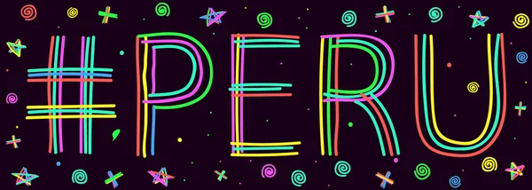 Peru Vorrätig Isolieren Neon Doodle Schriftzug Beschriftung Von Mehrfarbigen Gebogenen — Stockvektor