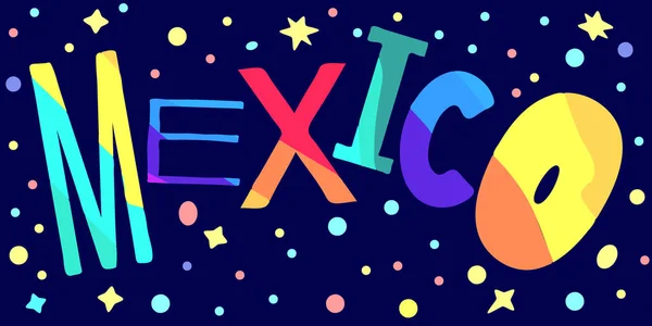 México Multicolor Brillante Colorido Divertido Dibujo Animado Inscripción Aislada Estrellas — Vector de stock