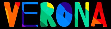 Verona. Çok renkli, renkli, renkli, renkli, izole bir çizgi film. Giysiler, tişörtler, afişler, el ilanları, kartlar ve hatıralar için İtalyan Verona 'sı. Gökkuşağı renkleri. Stok vektör resmi.