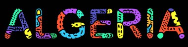 Cezayir. Çok renkli parlak kontrast izolasyon yazıtları. Renkli kavisli karalama harfleri. Cezayir 'de giysi, Cezayir tişörtü, hatıra, broşür, pankart, el çantası. Stok vektör resmi.