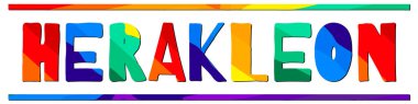 Herakleon. Çok renkli, komik çizgi film, izole edilmiş yazı. Çerçevede renkli harfler. Yunan Herakleon 'da giysi, tişört, çanta, afiş, el ilanı, kart, hatıra eşyası. Stok vektör resmi.