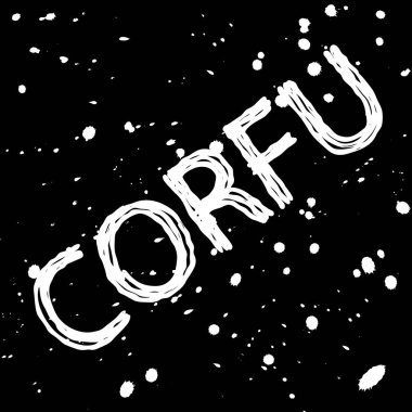 Korfu. Karalama grunge yazısını ayır. Boya fırçası ya da colapen gibi beyaz kıvrımlı çizgiler. Korfu - Yunan adası. Pankart, poster, el ilanı, kartlar, giysilerdeki parmak izleri, tişört için. Stok vektör resmi.