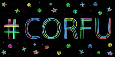 Korfu - neon karalama harflerini keçeli kalem, kalem gibi çok renkli neon çizgilerden ayır. Korfu - Yunan adası. Pankart, el ilanı, kartlar, hatıra eşyası, giysilerdeki parmak izleri için. Stok vektör resmi.