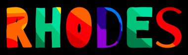 Rhodes. Çok renkli, renkli, komik çizgi film. Siyah üzerine yazılmış. Poster, afiş, el ilanı, kartlar, hatıra eşyası ve tişört üzerindeki parmak izleri için Rhodes. Stok vektör illüstrasyonu.