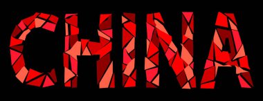 Çin. Kırık izole yazı. Kırık cam gibi parçalardan oluşan kırmızı harfler. Posterler, afişler, el ilanları, kartlar ve kıyafet baskıları için Çin 'i yok etti. Stok vektör illüstrasyonu.