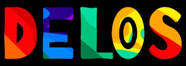 Delos. Çok renkli renkli renkli komik çizgi film izole edilmiş. Delos - Yunan adası. Poster, afiş, broşür, el ilanı, kartlar, hatıra eşyaları ve tişörtler için. Stok vektör resmi.