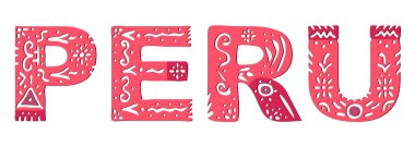 Peru. Güzel izole bir yazı. Harfler süs eşyası. Kırmızı, pembe renk tonları. Peru 'da ağ, broşür, poster, afiş, el ilanı, kıyafet ve tişört baskısı. Stok vektör illüstrasyonu.