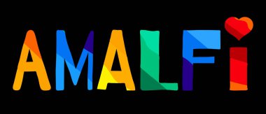 Amalfi - çok renkli komik çizgi film izole edilmiş yazı. Parlak gökkuşağı renkleri. Posterler, afişler, el ilanları, kartlar, hatıralar ve giysilerdeki baskılar için. Amalfi, İtalya 'da bir şehirdir. Stok resmi.