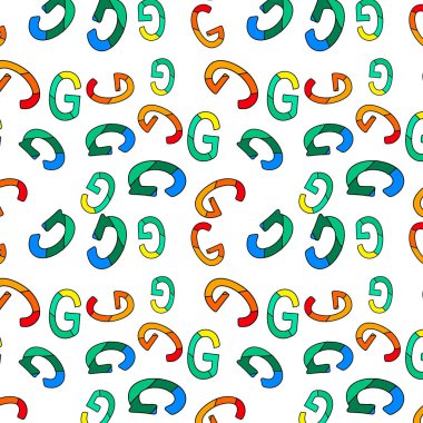 G harfleri, kusursuz desen. Rastgele G harfleri yeşil, mavi, sarı, kırmızı, turuncu gölgeler. G temel Latin alfabesinin yedinci harfidir. Stok resmi.