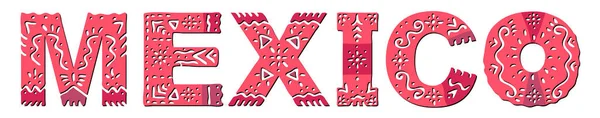 Mexique Inscription Isolée Avec Ornement Ethnique National Couleurs Rouges Modèle — Image vectorielle